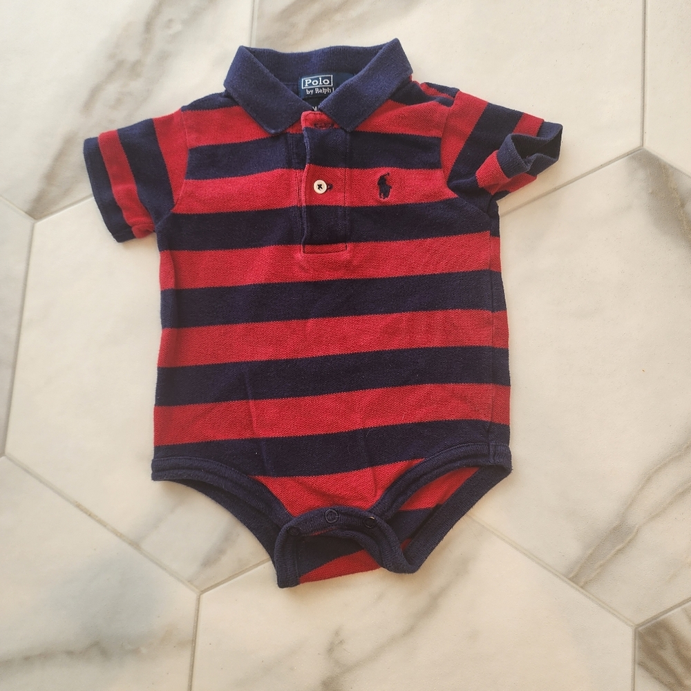 Ralph lauren blue label 9 month blue/red stripe polo onepiece.